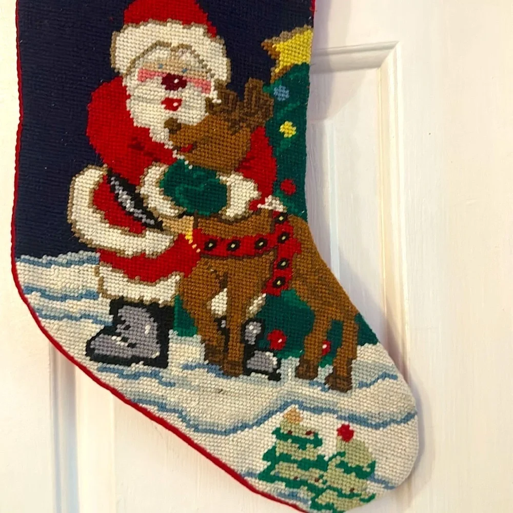 Vintage Needlepoint Christmas St. Nicholas with Reindeer Velvet Backed Stocking